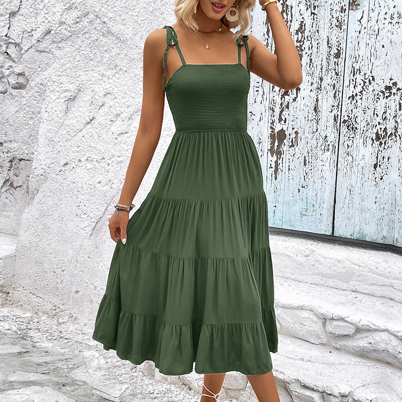 Elegant midi dress with ruffles for women with adjustable straps Lune London