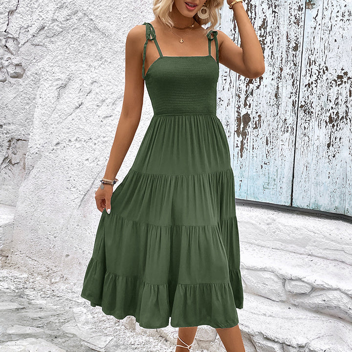 Elegant midi dress with ruffles for women with adjustable straps Lune London