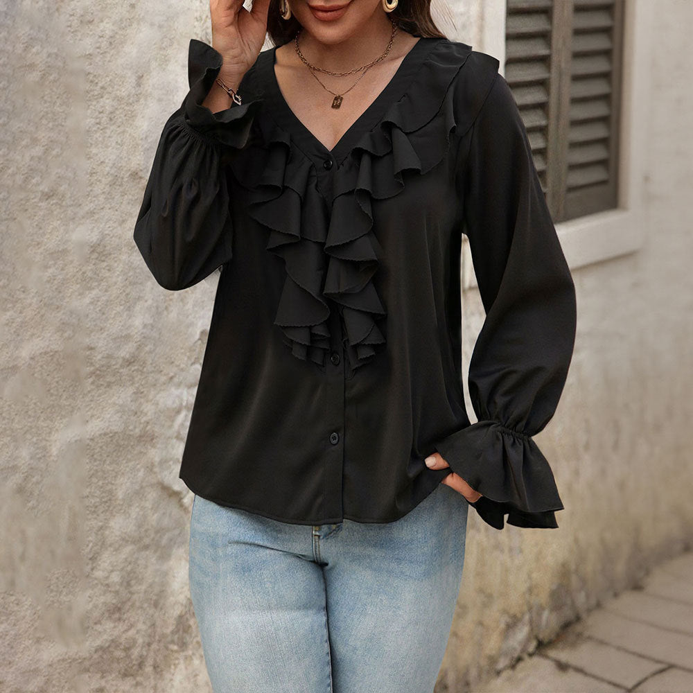 Blouse for women with elegant ruffle details and a chic V neck Chic & Stil
