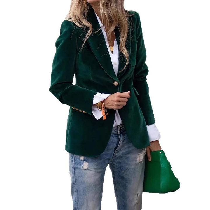 Blazer élégant en velours pour dames avec coupe cintrée et boutons dorés