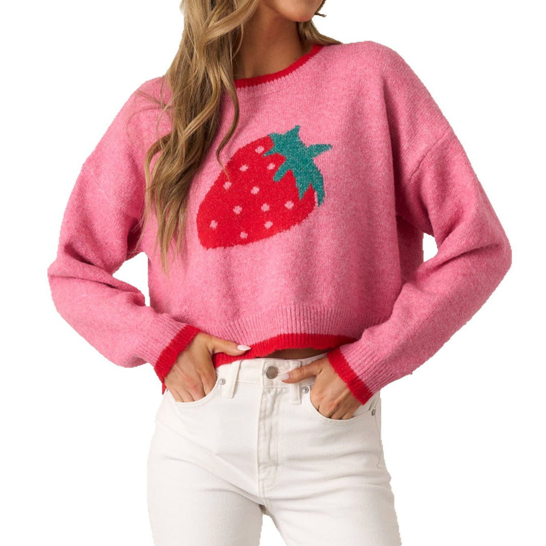 Trendy sweater for women with strawberry pattern and contrasting cuffs Lune London