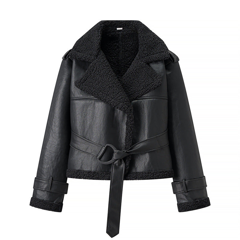 Fashion faux leather jacket for women with cozy lining and tie belt Lune London