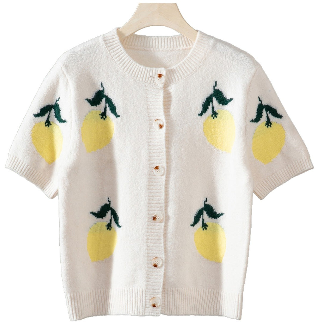 Knitted jacket for women with a cheerful lemon design and a short fit Lune London