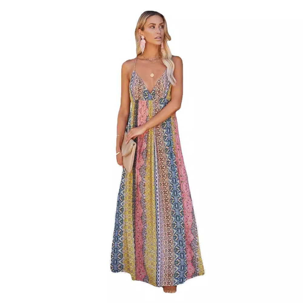 Maxi dress for women with a unique multicolored pattern and adjustable spaghetti straps Chic & Stil