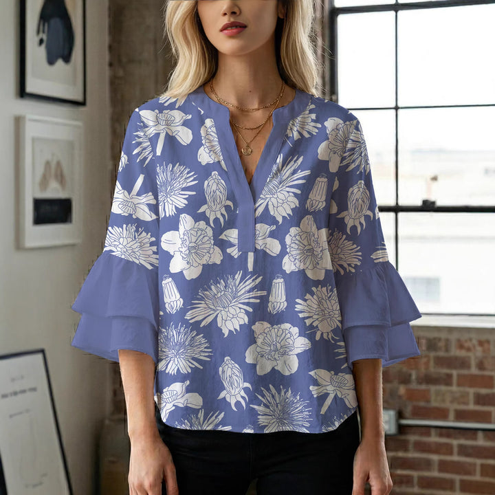 Ladies elegant blouse shirt with voluminous puff sleeves and graphic floral design Lune London