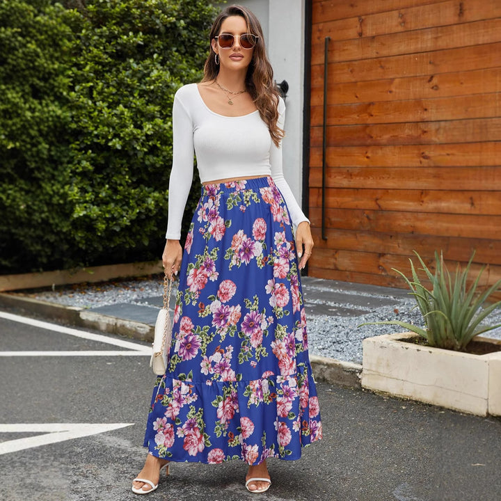 Maxi skirt for ladies with floral ruffle details and an elastic waistband Lune London