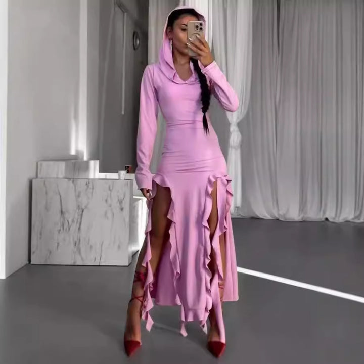 Maxi dress with long sleeves for women with hood and ruffle details Lune London