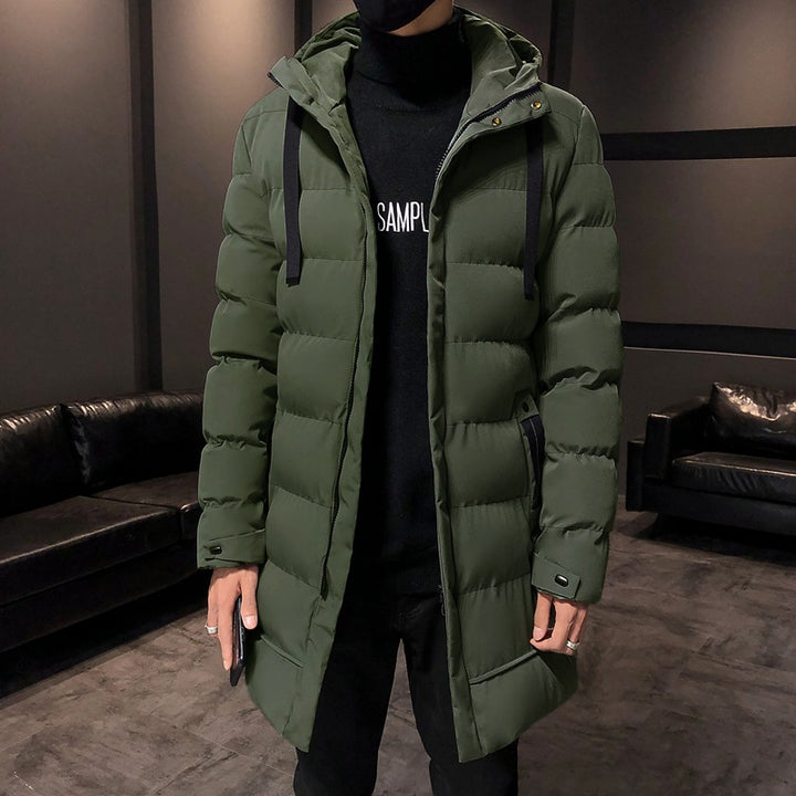 Long insulated bomber jacket for men with hood Lune London