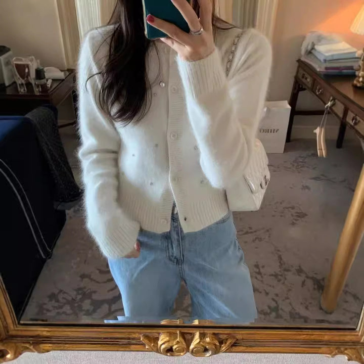 Elegant ladies knit cardigan with trendy pearl accents Lune London