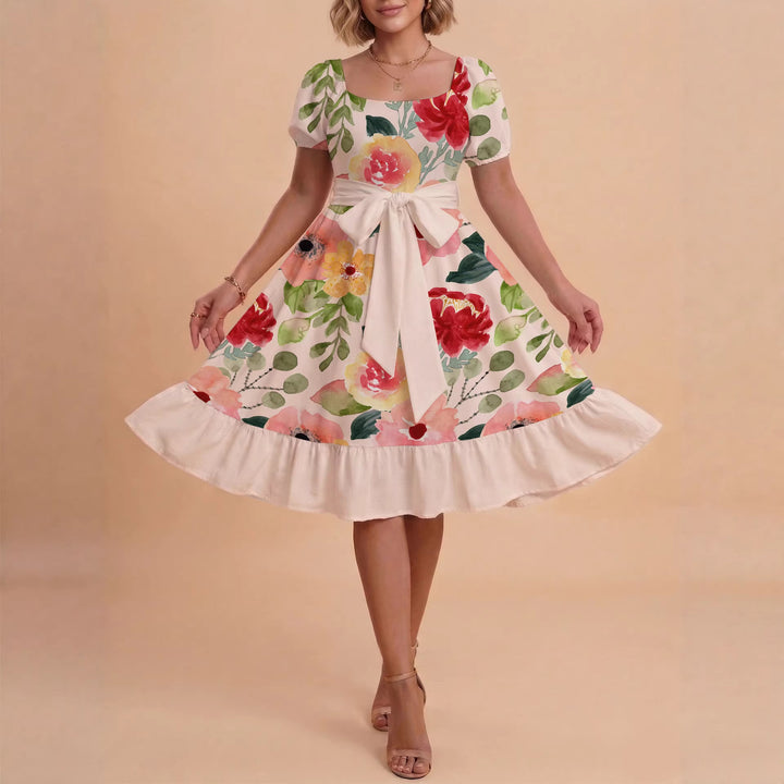 Women A-line dress with floral motifs and adjustable belt Lune London