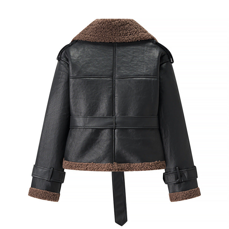 Fashion faux leather jacket for women with cozy lining and tie belt Lune London
