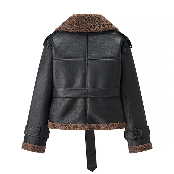 Fashion faux leather jacket for women with cozy lining and tie belt Lune London