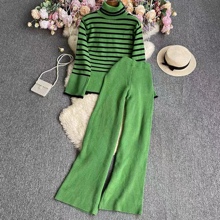 Women elegant striped knit set with high collar and wide leg Lune London