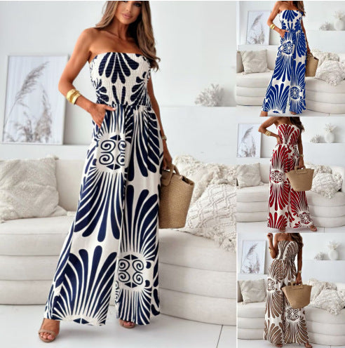 Women Wide Strapless Jumpsuit with Pockets Chic Detail and Style