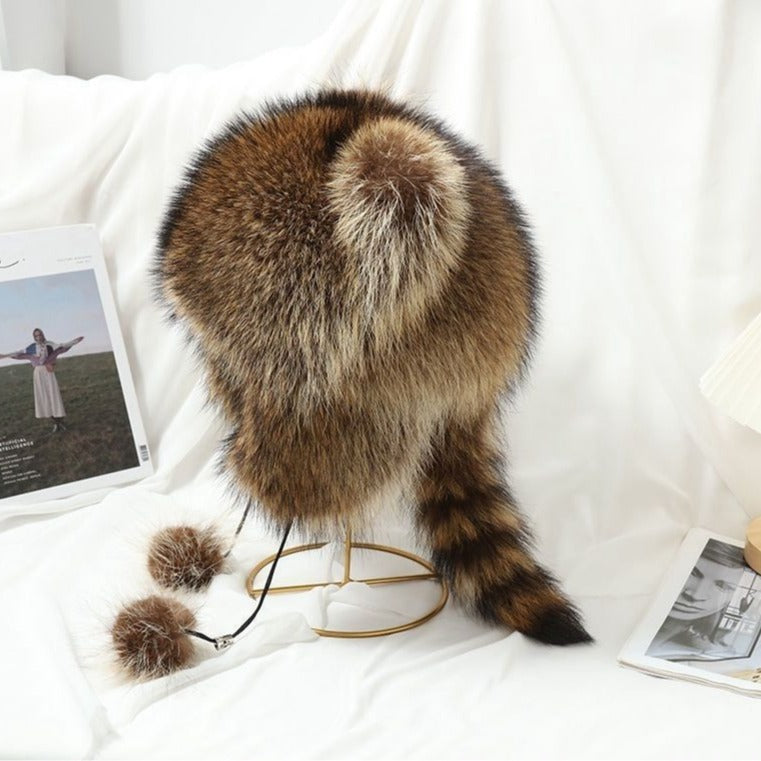 Women's Cozy Ear Hat Made Of Faux Fur with Side Pompoms Lune London