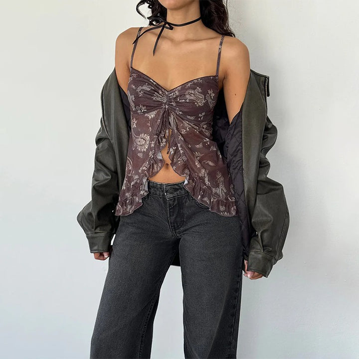 Ladies Top Checked Ruffled Cami Lune London