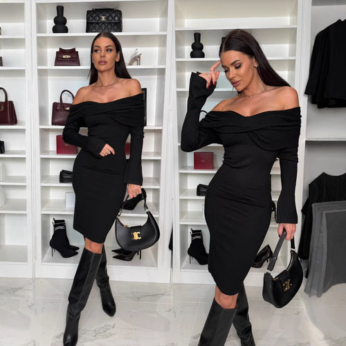 Fitted cocktail dress for women with off-shoulder neckline Lune London