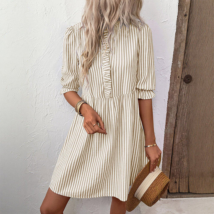Chic Striped Ruffled Button Mini Dress for Women
