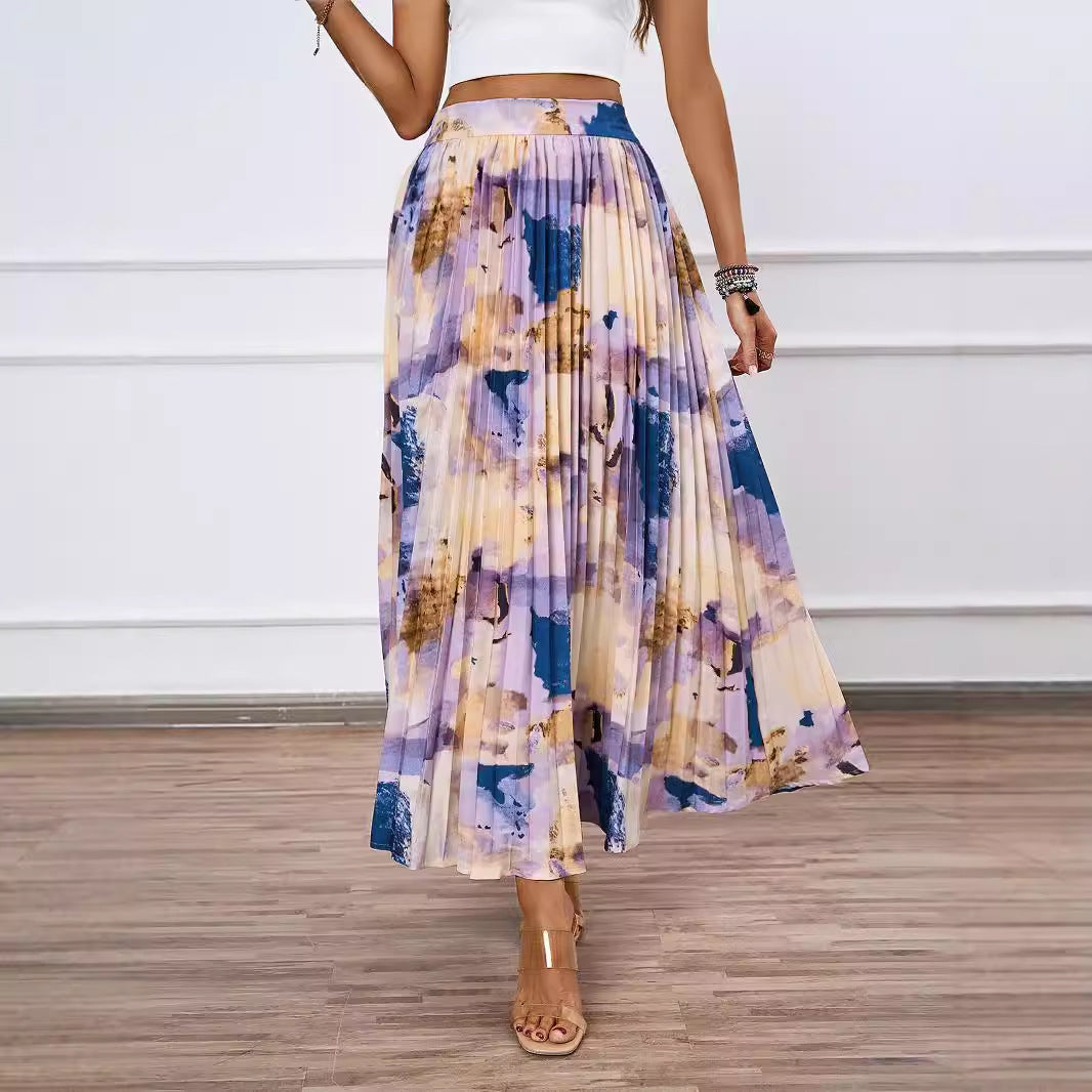 Pleated midi skirt for ladies with a colorful watercolor design Lune London