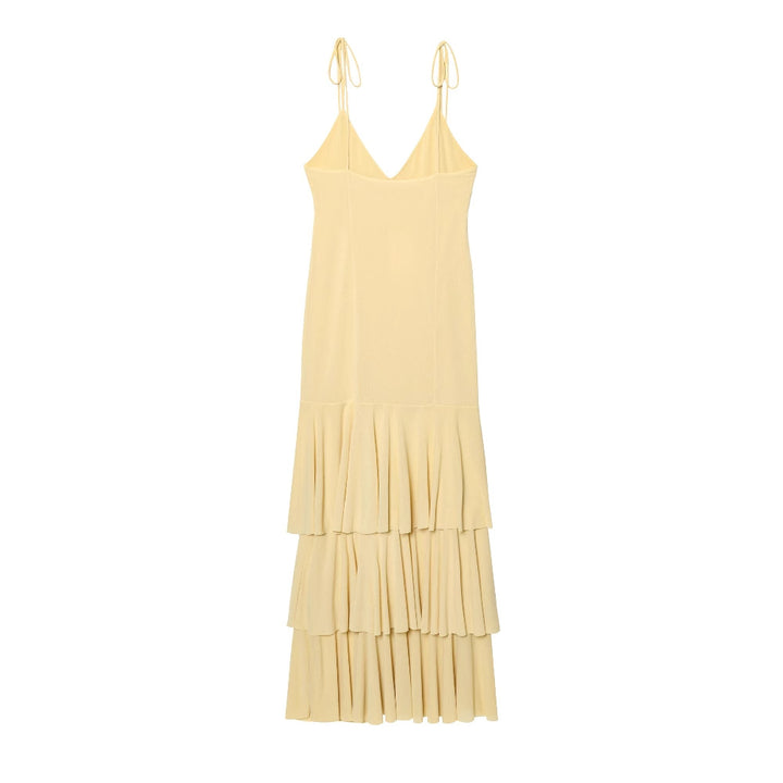 Maxi dress for women with voluminous ruffle details and adjustable spaghetti straps Lune London