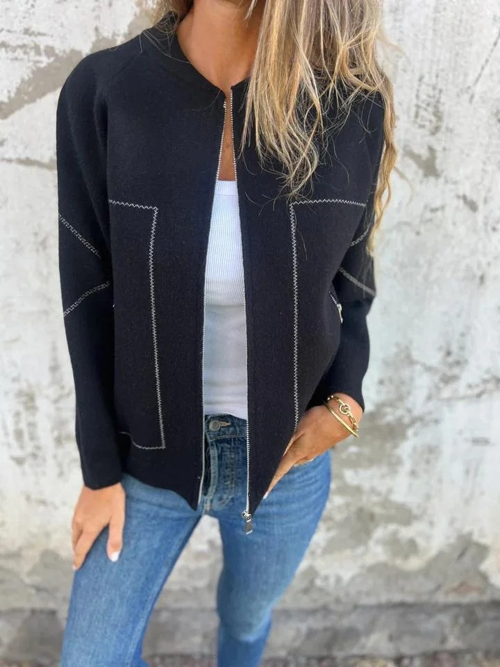 Ladies' knit jacket with stylish zipper details and a fine textured pattern Lune London