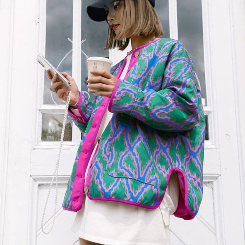 Trendy women's bomber jacket in ethnic chic style