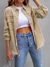 Ladies stylish overshirt jacket with fringed hem Lune London