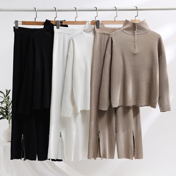 Casual knit set for women with a high collar and side slits Lune London