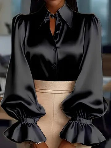 Ladies elegant silk blouse with puff sleeves and chic button placket Lune London