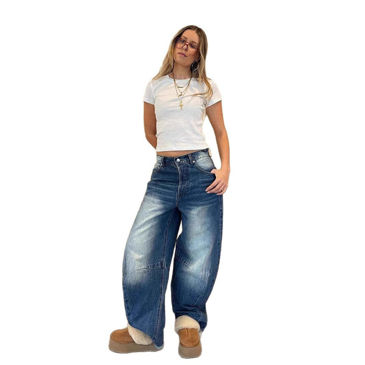 Ladies fashionable wide jeans with unique cut and high waistband Lune London
