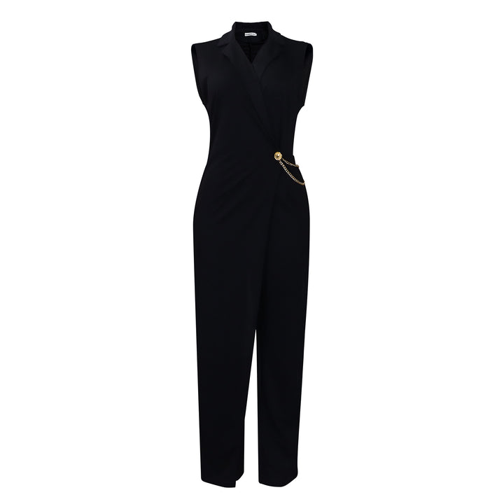 Ladies Elegant jumpsuit with stylish draping and glittery side accent Lune London