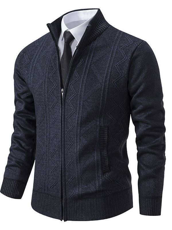 Men's knitted jacket with raised braid design and high funnel neck Lune London