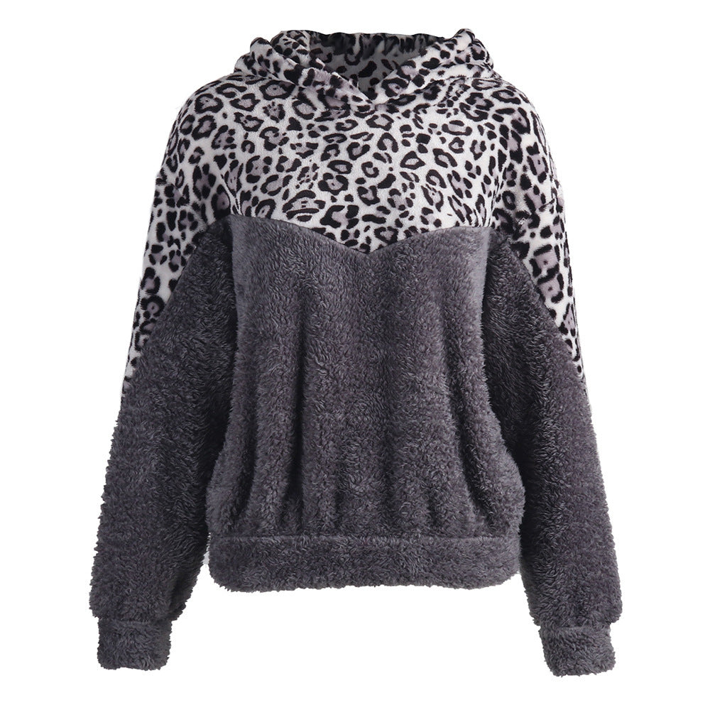 Ladies Comfortable Teddy Sweater with Hood and Chic Leopard Pattern