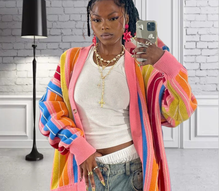Ladies Casual Knitted Cardigan with Colorful Striped Pattern and Oversized Sleeves Lune London