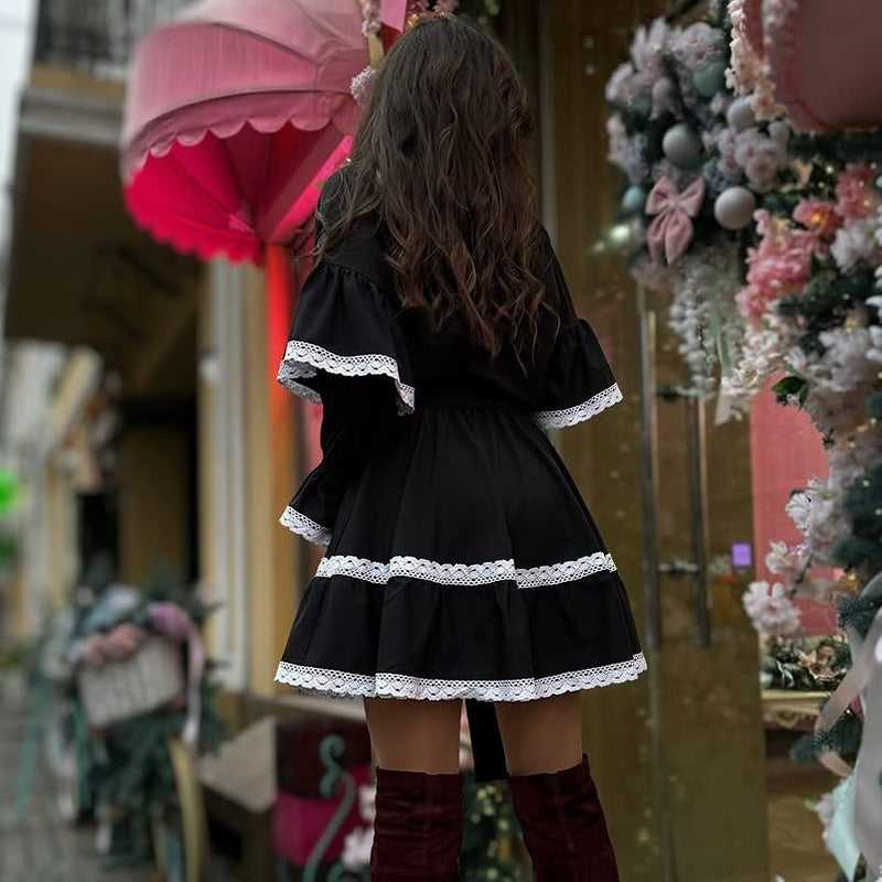 Ladies elegant dress with ruffles and lace embellishments Lune London