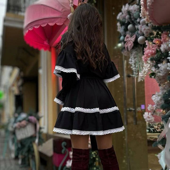 Ladies elegant dress with ruffles and lace embellishments Lune London