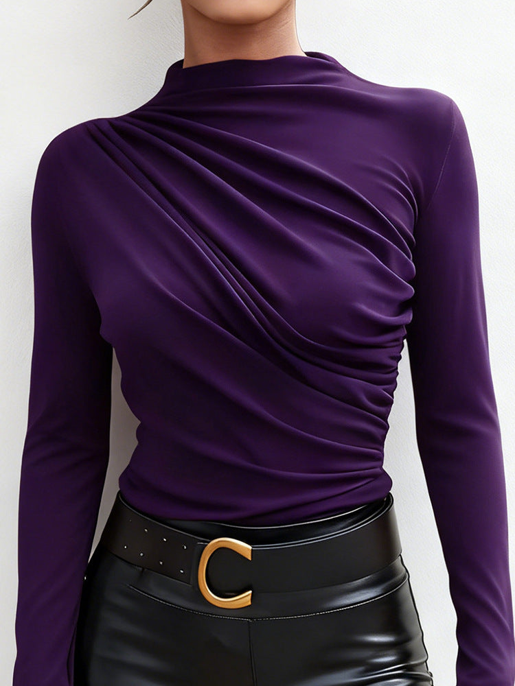 Ladies elegant long sleeve shirt with luxurious draping design and chic stand-up collar Lune London