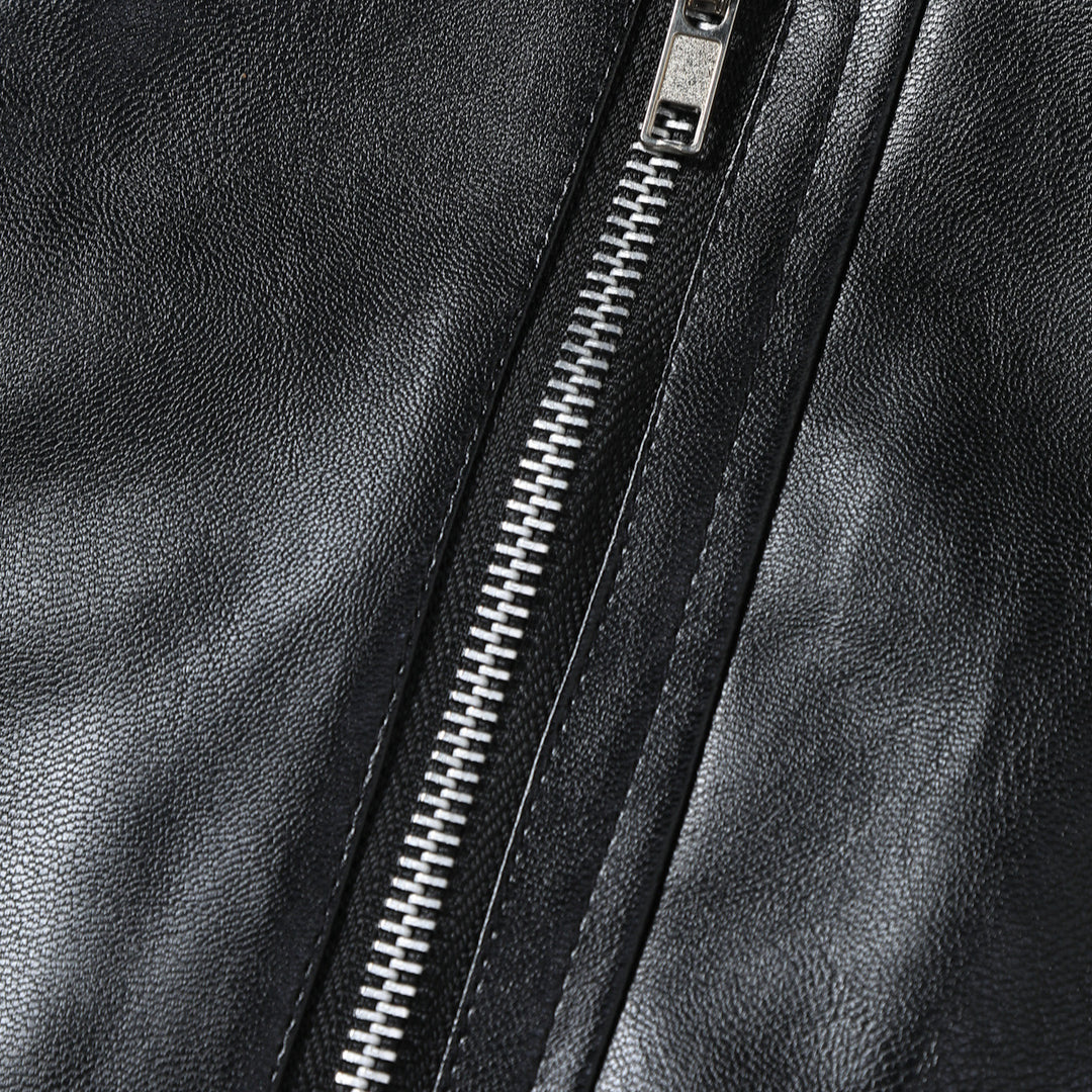 Trendy men's leather biker jacket with asymmetrical zipper and chic and stylish details