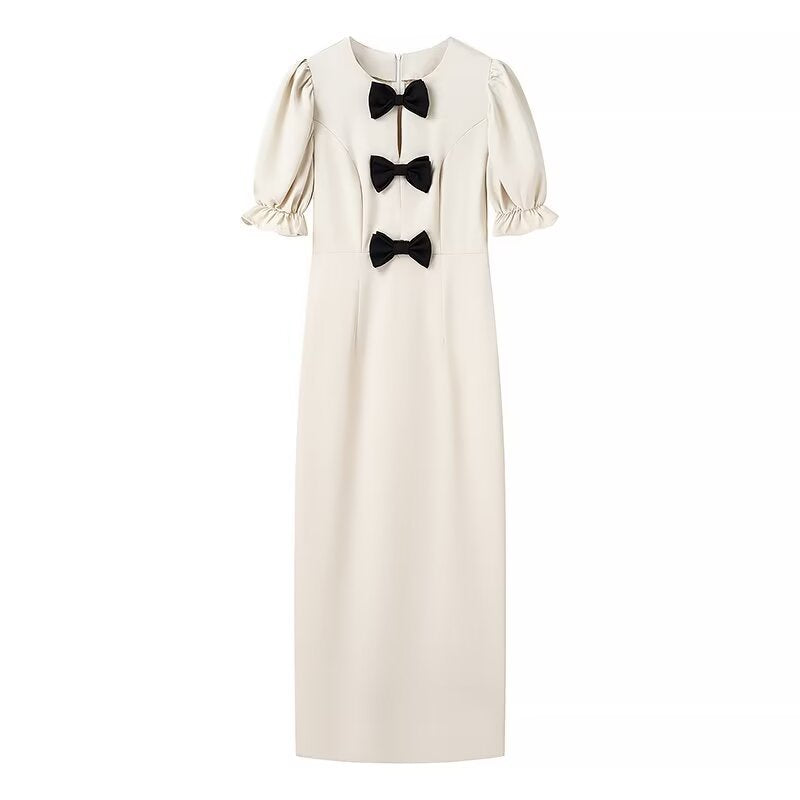 Ladies Elegant Maxi Dress with Unique Bow Detail and Puff Sleeve Design Lune London