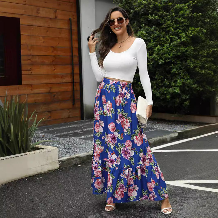 Maxi skirt for women with a cheerful floral pattern and a voluminous ruffle approach Lune London
