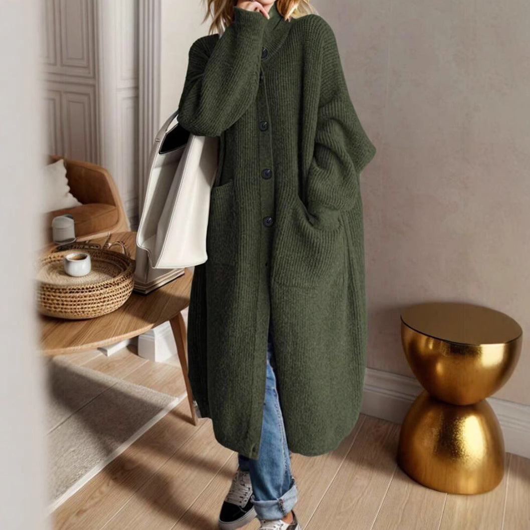 Trendy knitted jacket for women with generous pockets and chic button detail