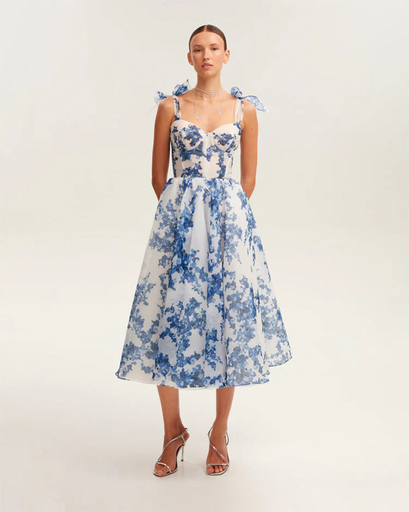 Women’s Midi Dress with Floral Print and Adjustable Straps Lune London