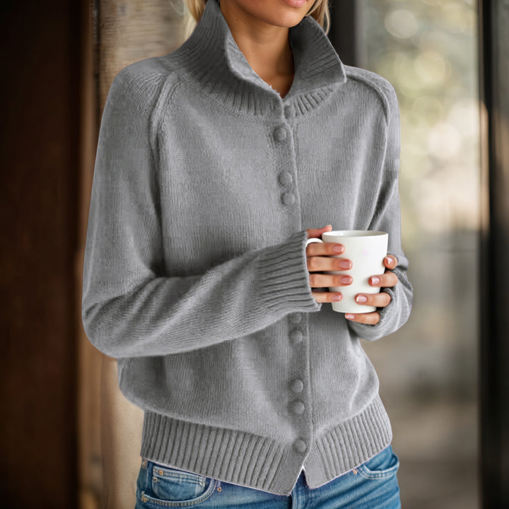 Women's knitted jacket with high collar and stylish button details Lune London