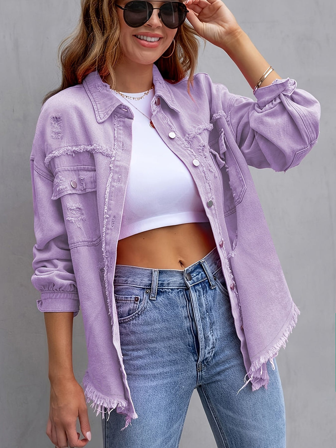 Oversized denim jacket for women with frayed edges and patch pockets Lune London