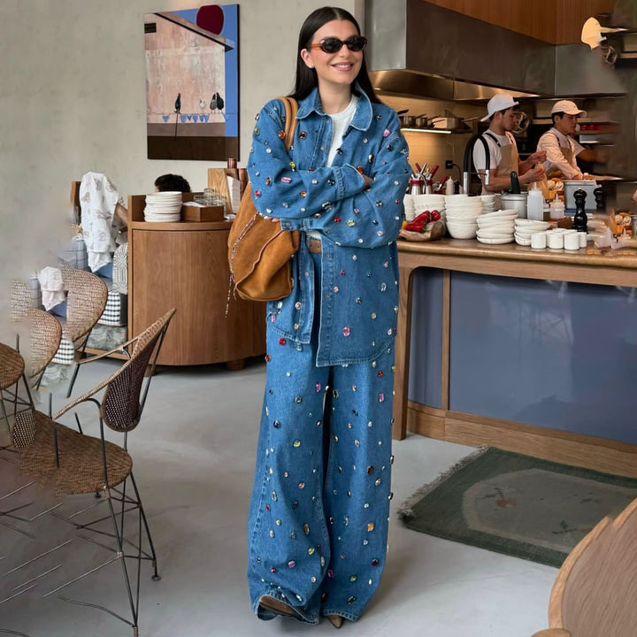 Denim set for women with colorful appliqués and a loose fit Lune London