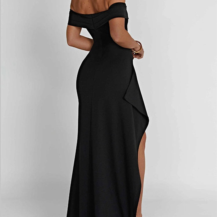 Chic and elegant evening dress with off-shoulder neckline and slit for women Lune London