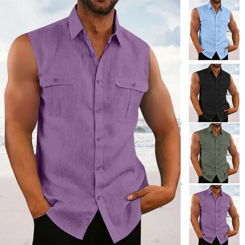 Sleeveless chambray shirt for men with chest pockets and button details Lune London