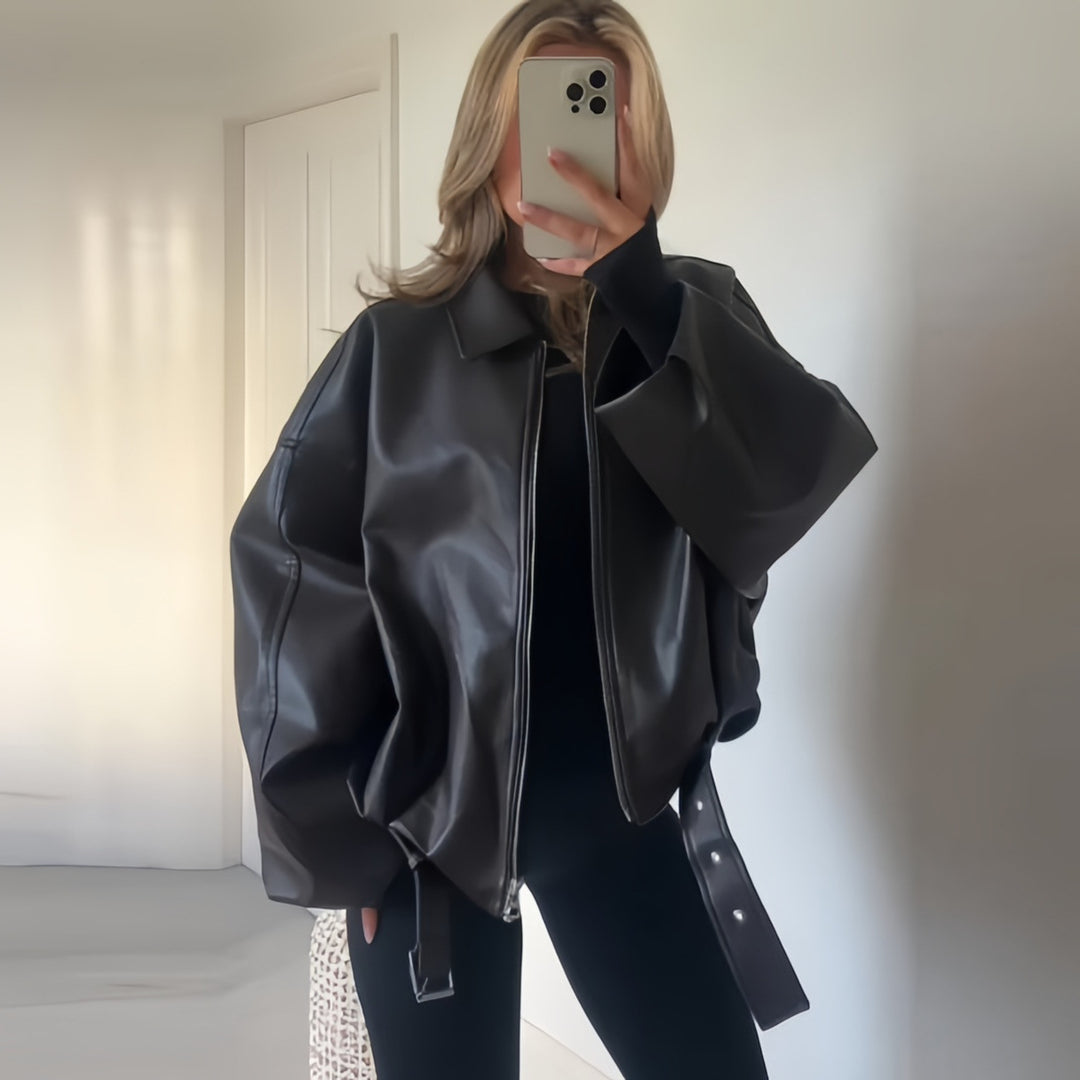 Oversized synthetic leather jacket for women with casual fit Lune London