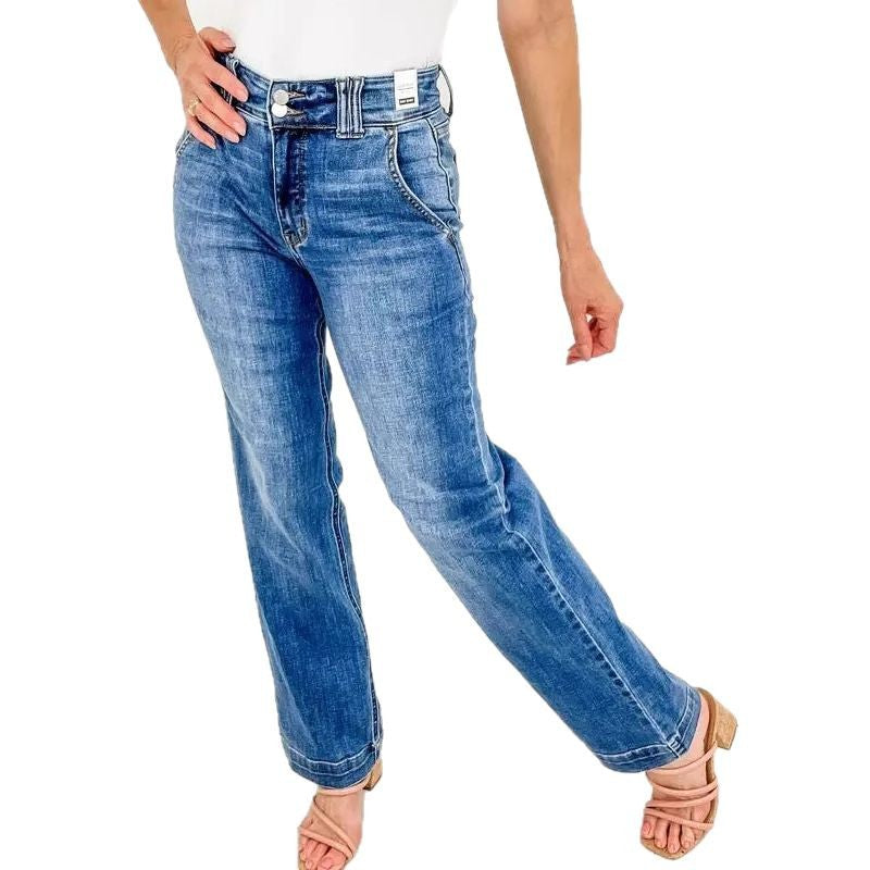 Women's Wide Leg Jeans with High Waist and Elegant Seam Design