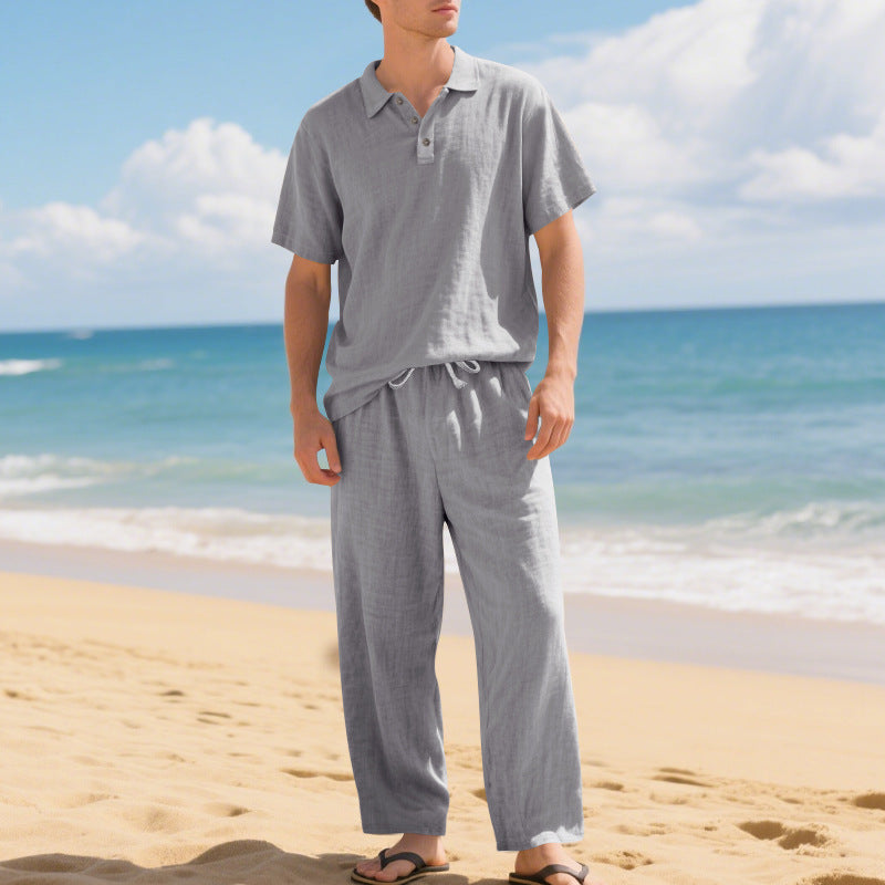 Tenue d'été décontractée pour hommes avec polo en coton de haute qualité à manches courtes et pantalons en lin confortables Lune London